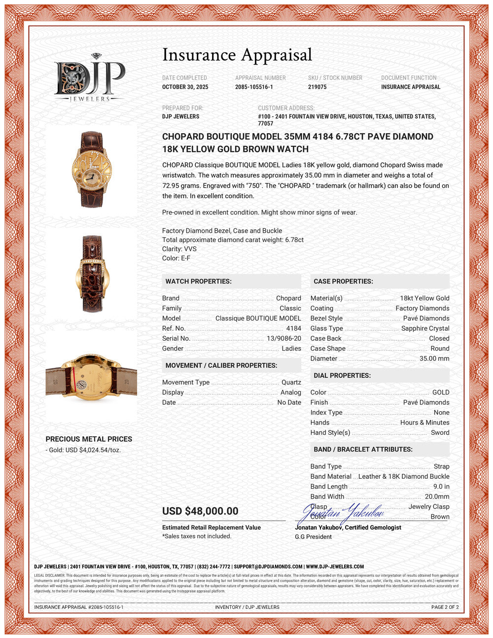 Chopard Boutique Model 35MM 4184 6.78ct Pave Diamond 18K Yellow Gold Brown Watch