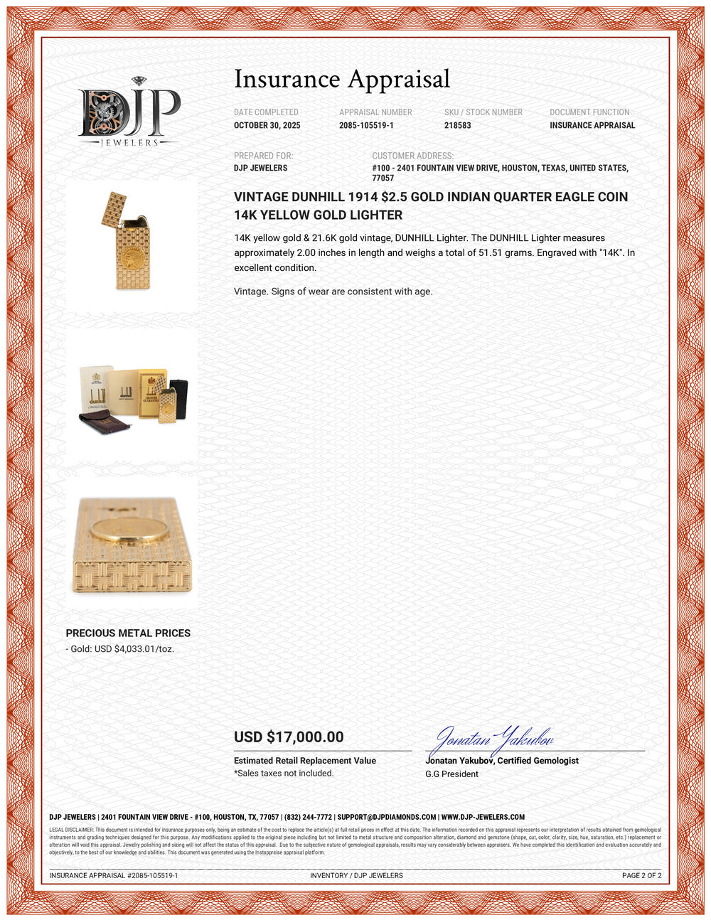 Vintage Dunhill 1914 $2.5 Gold Indian Quarter Eagle Coin 14K Yellow Gold Lighter