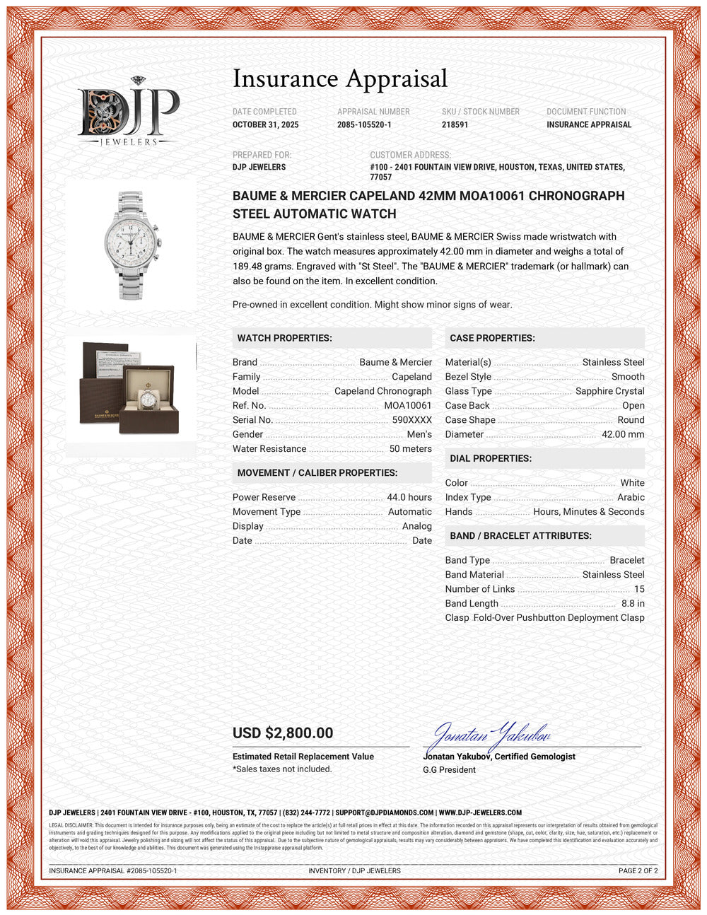 Baume & Mercier Capeland 42MM MOA10061 Chronograph Steel Automatic Watch