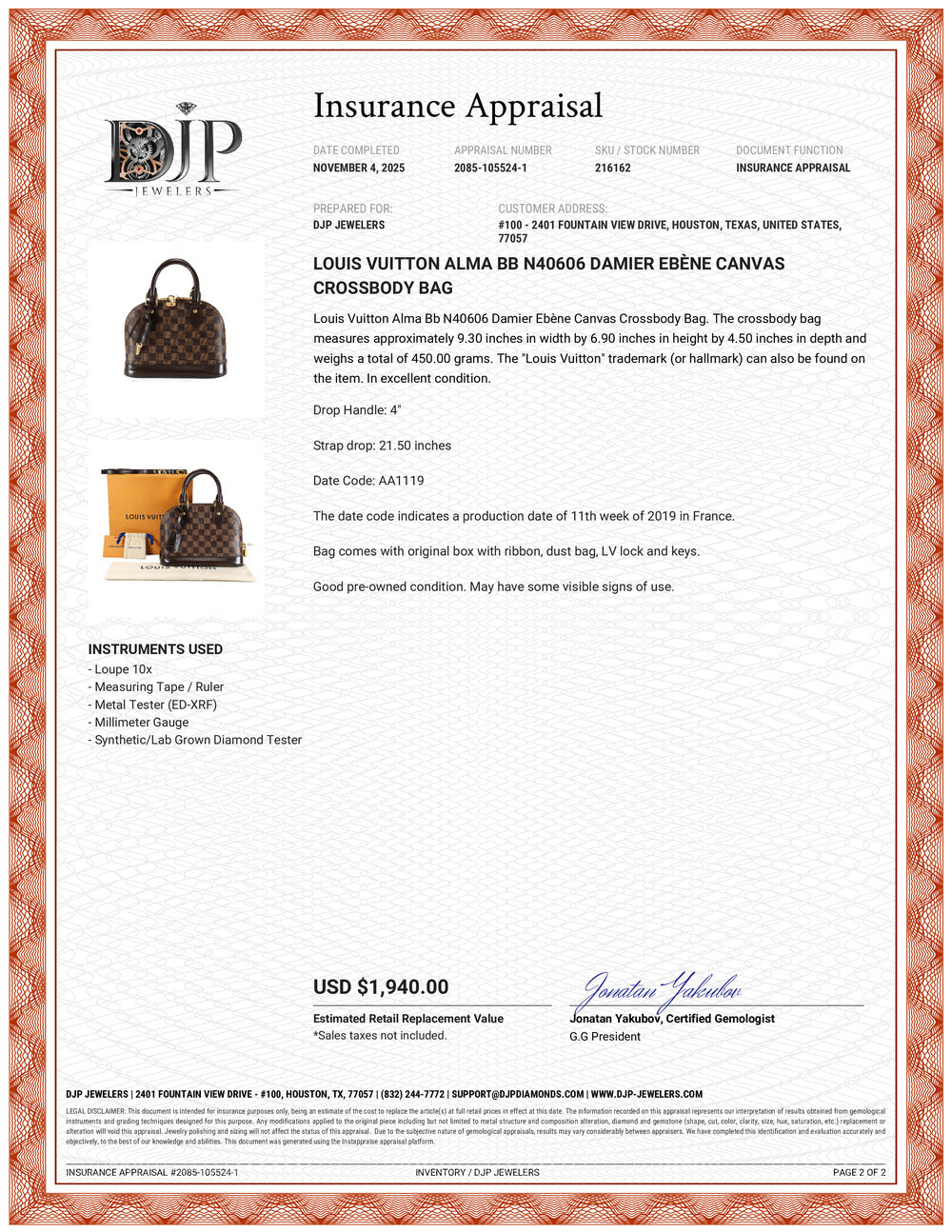 Louis Vuitton Alma BB N40606 Damier Ebène Canvas Crossbody Bag