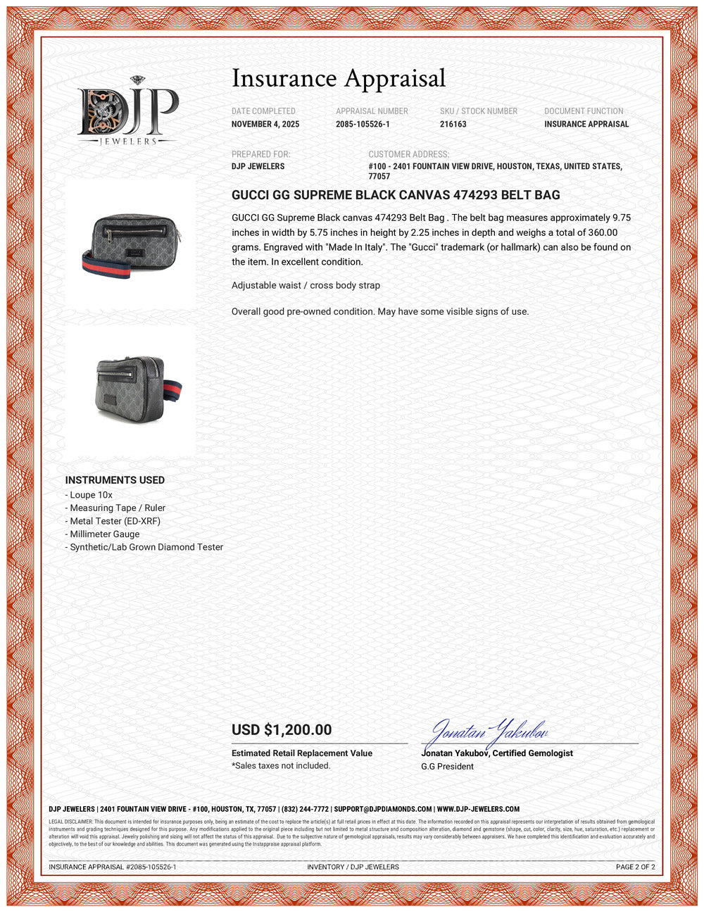 Gucci GG Supreme Black Canvas 474293 Belt Bag