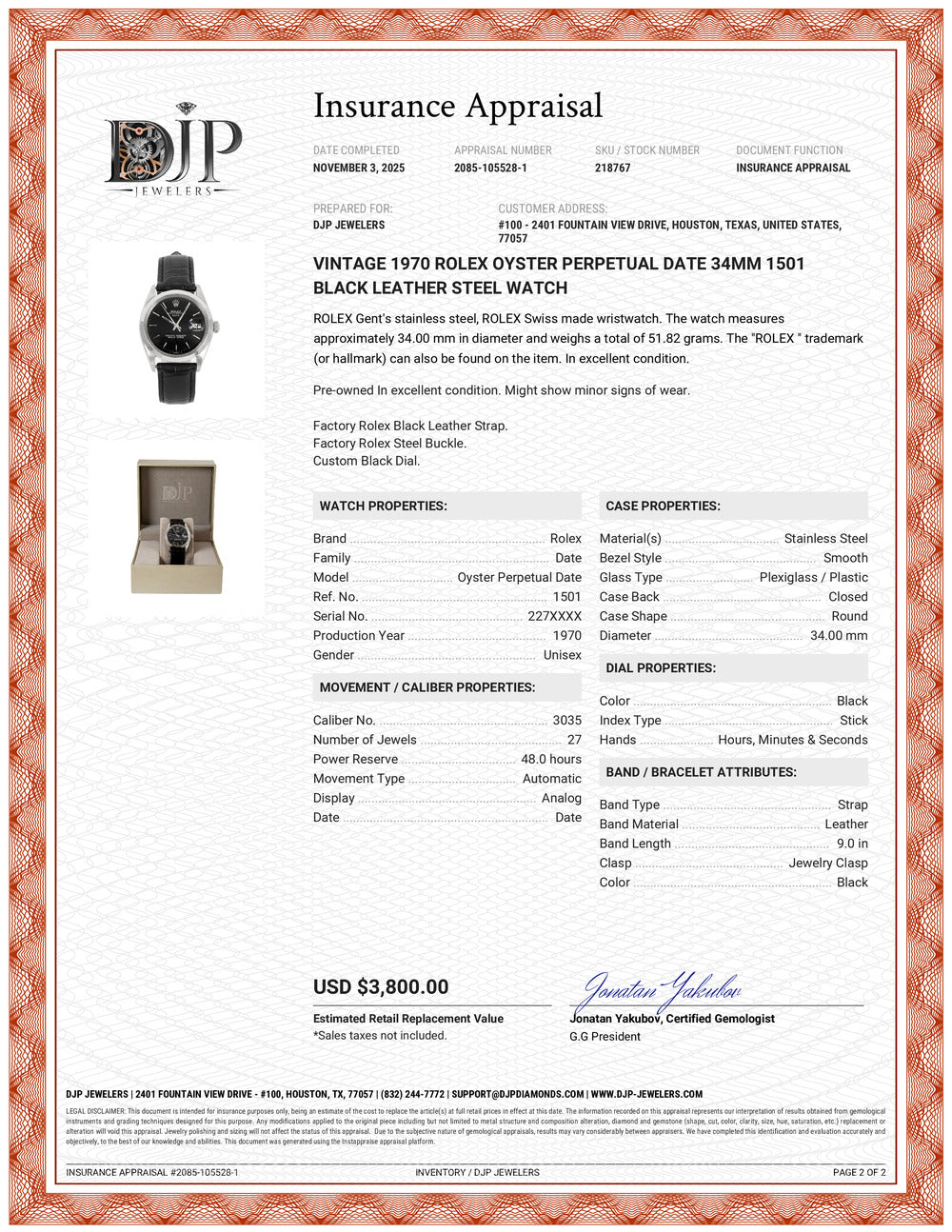 Vintage 1970 Rolex Oyster Perpetual Date 34MM 1501 Black Leather Steel Watch