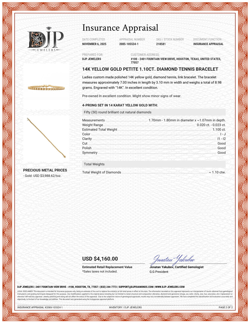 14K Yellow Gold Petite 1.10ct. Diamond Tennis Bracelet