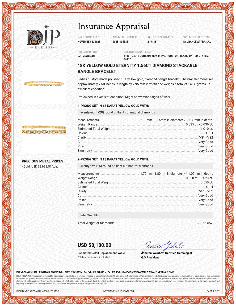 18K Yellow Gold Eternity 1.56ct Diamond Stackable Bangle Bracelet