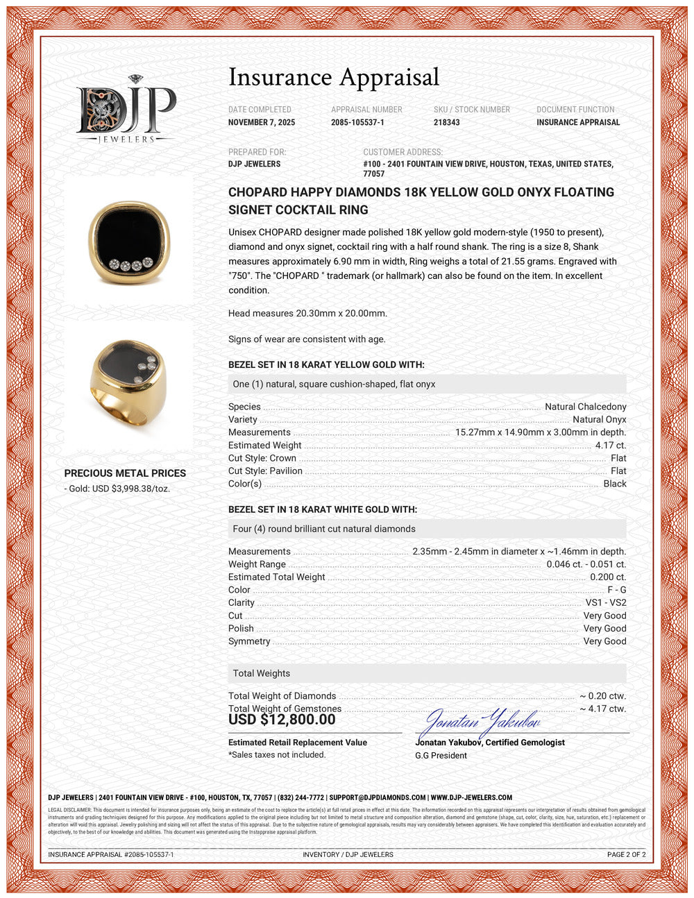 Chopard Happy Diamonds 18K Yellow Gold Onyx Floating Signet Cocktail Ring