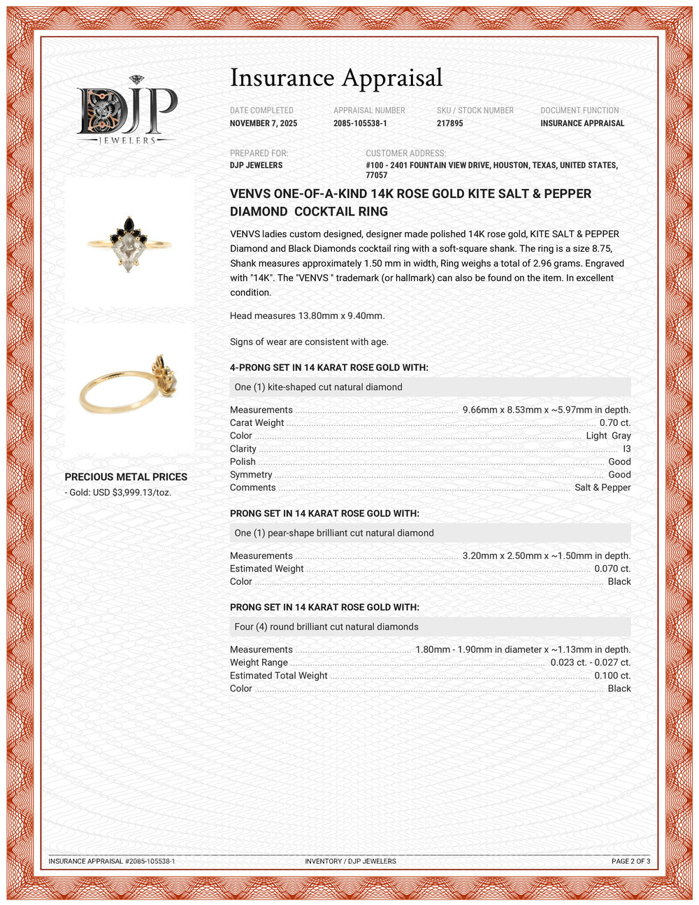 Venvs One-Of-A-Kind 14K Rose Gold Kite Salt & Pepper Diamond Cocktail Ring