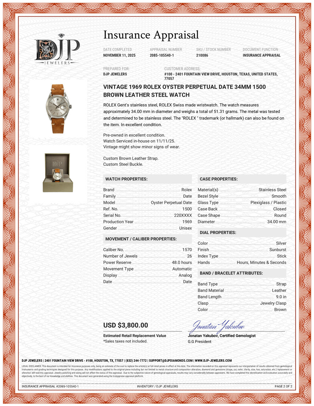 Vintage 1969 Rolex Oyster Perpetual Date 34MM 1500 Brown Leather Steel Watch