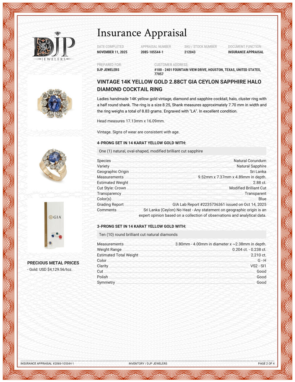 Vintage 14K Yellow Gold 2.88ct Gia Ceylon Sapphire Halo Diamond Cocktail Ring