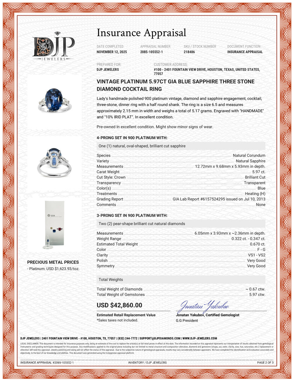 Vintage Platinum 5.97ct GIA Blue Sapphire Three Stone Diamond Cocktail Ring