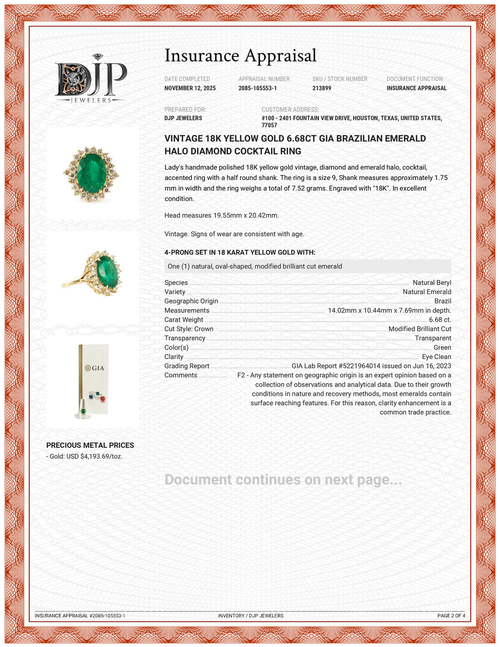 Vintage 18K Yellow Gold 6.68ct GIA Brazilian Emerald Halo Diamond Cocktail Ring