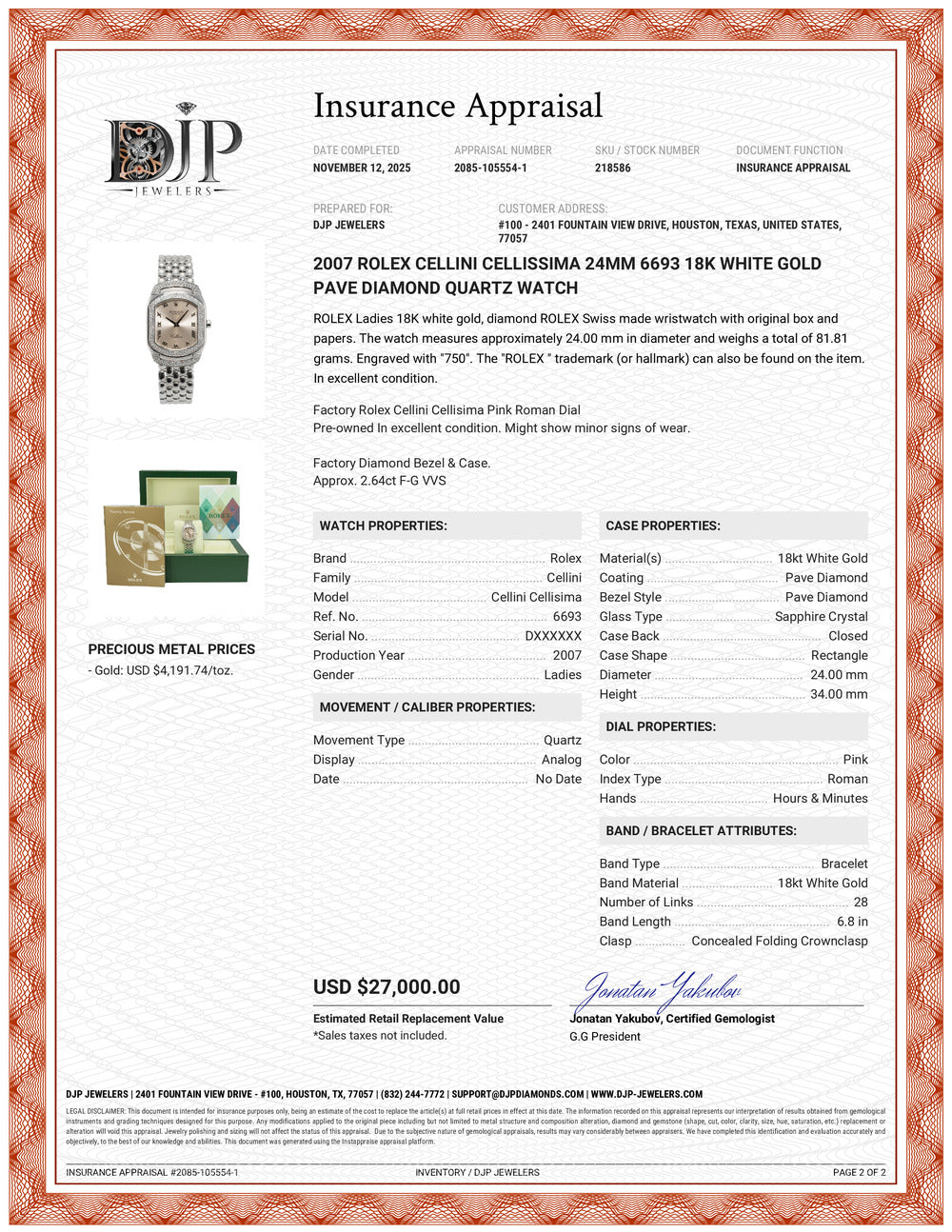 2007 Rolex Cellini Cellissima 24MM 6693 18K White Gold Pave Diamond Quartz Watch