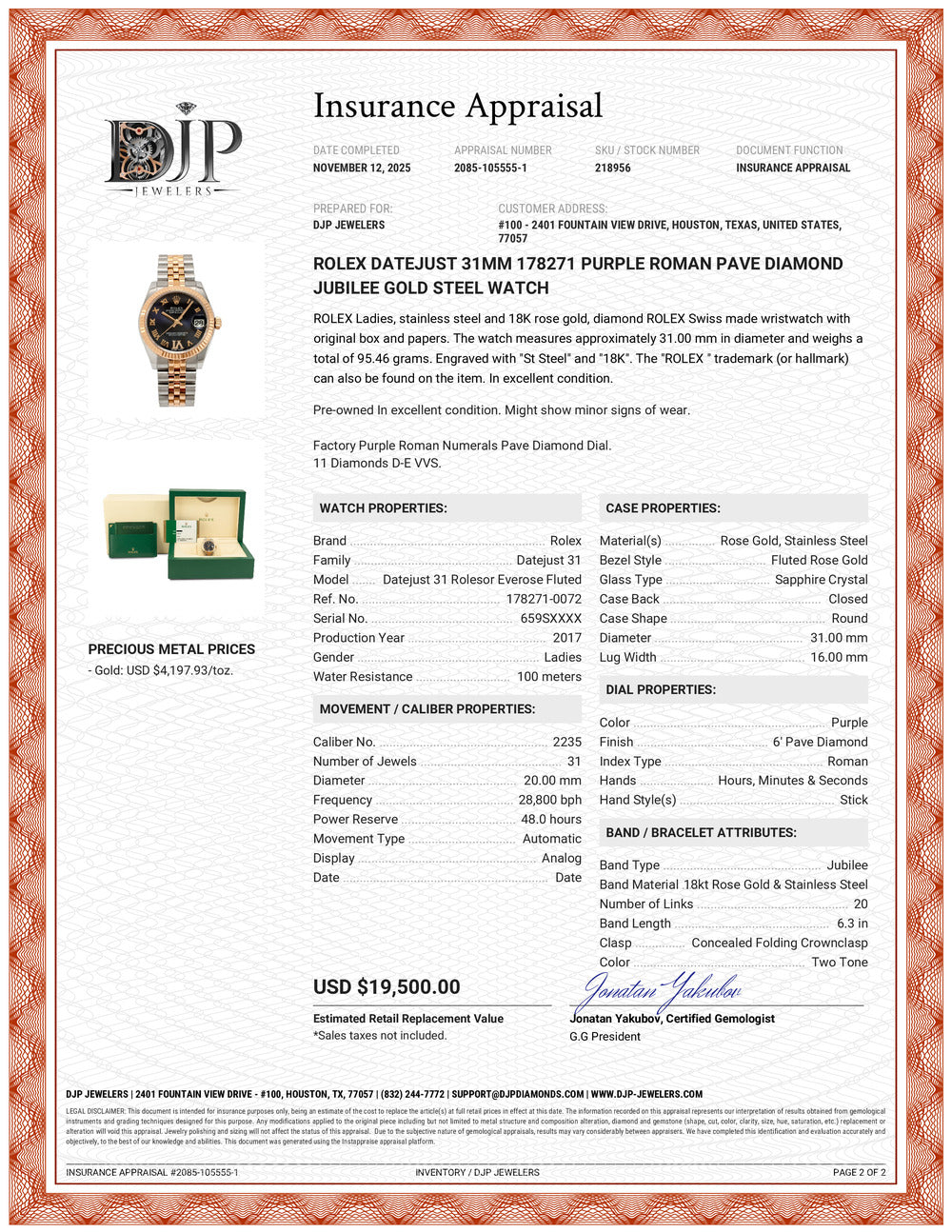 Ladies Rolex Datejust 31MM 178271 Purple Roman Diamond Jubilee Gold Steel Watch