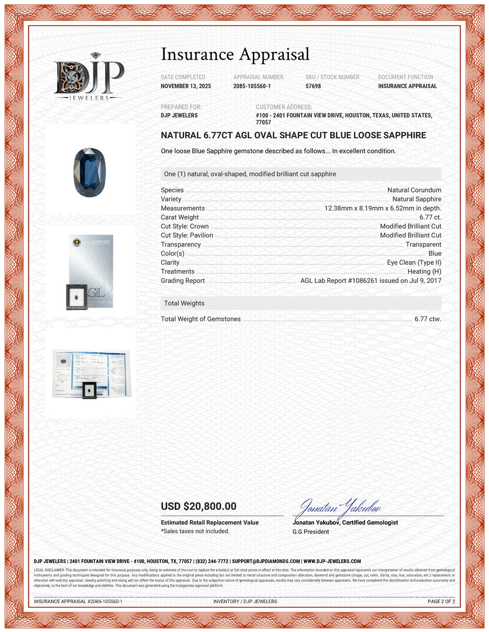 Natural 6.77ct AGL Oval Shape Cut Blue Loose Sapphire