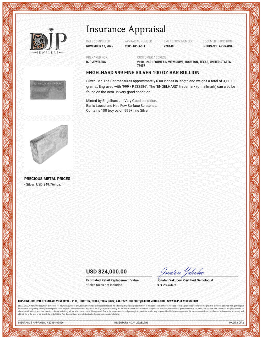 Engelhard 999 Fine Silver 100 Oz Bar Bullion