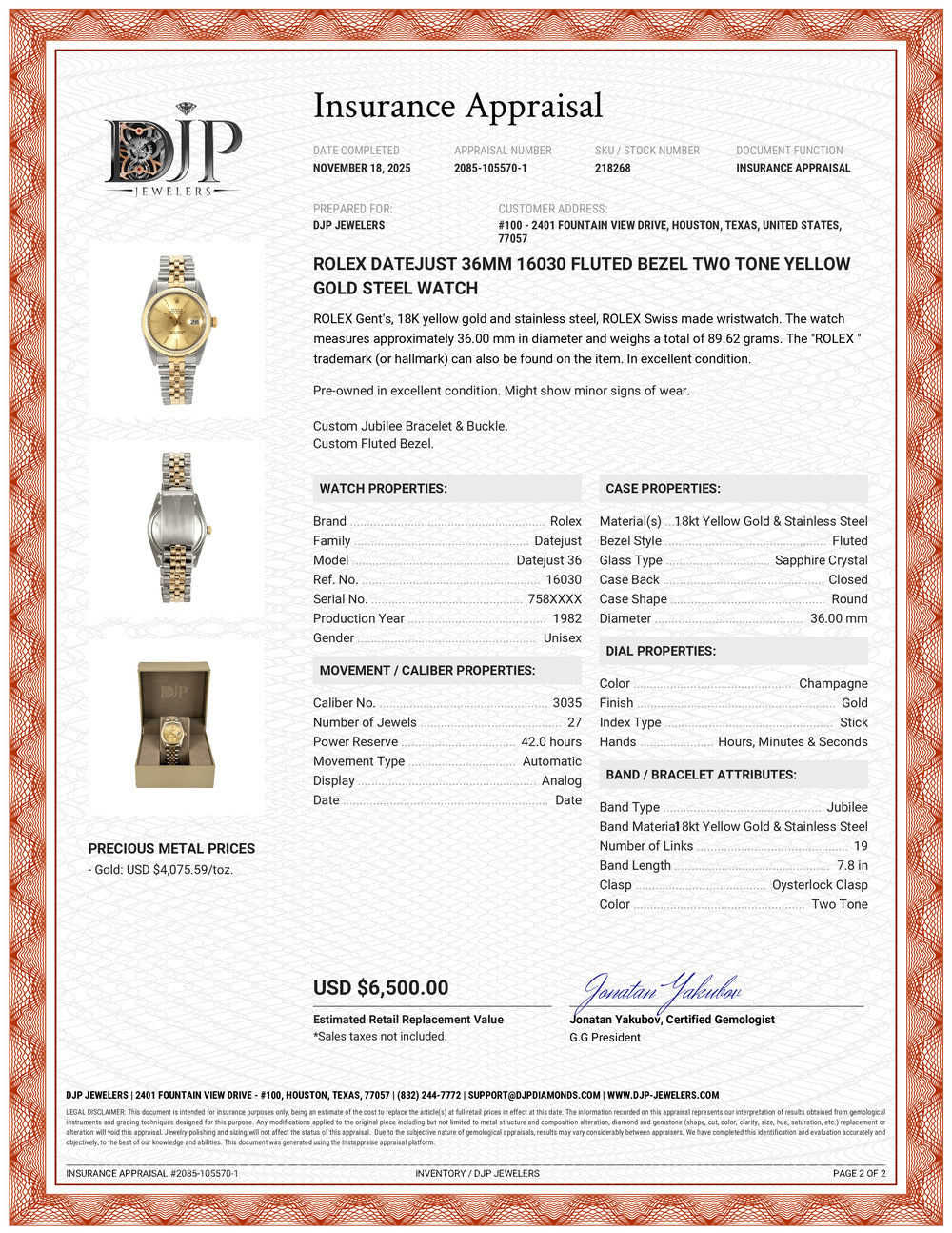 Rolex Datejust 36MM 16030 Fluted Bezel Two Tone Yellow Gold Steel Watch