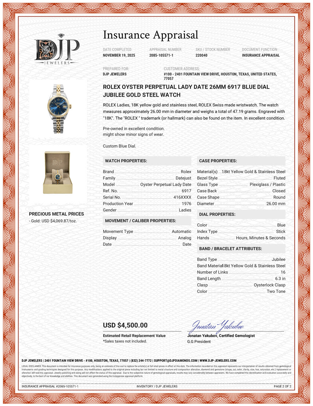 Rolex Oyster Perpetual Lady Date 26MM 6917 Blue Dial Jubilee Gold Steel Watch
