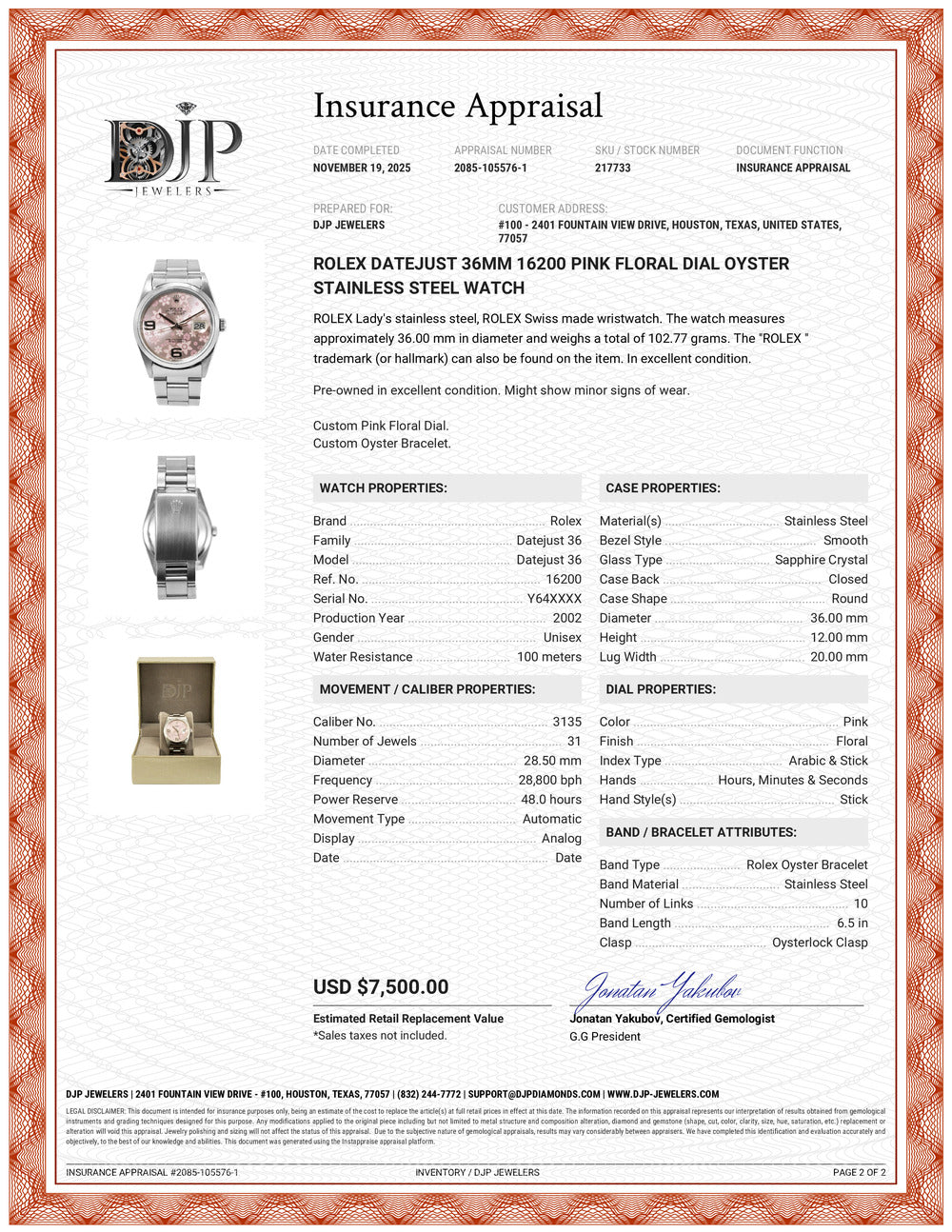 Ladies Rolex Datejust 36MM 16200 Pink Floral Dial Oyster Stainless Steel Watch