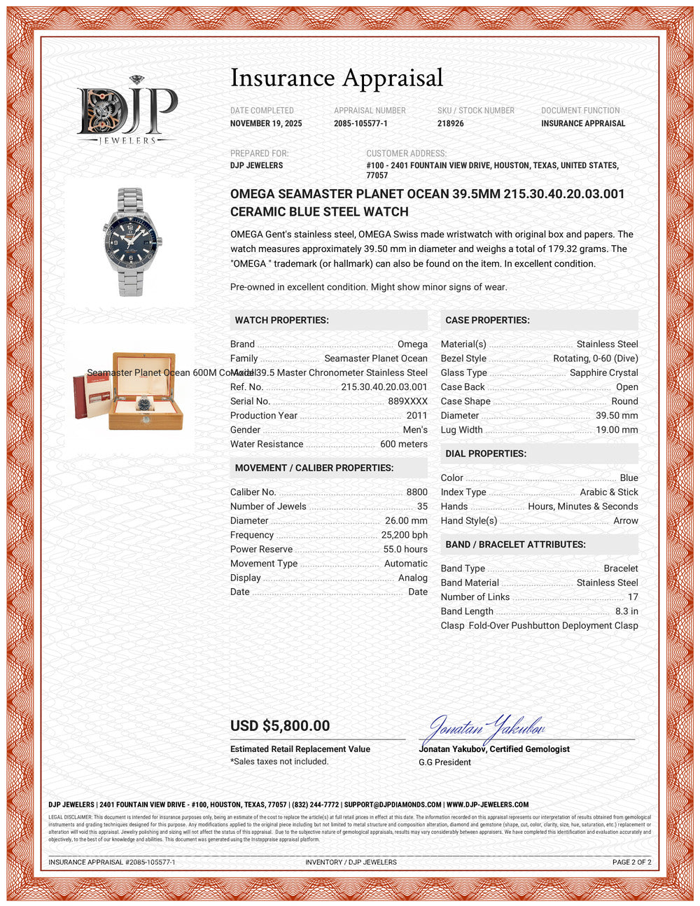 Omega Seamaster Planet Ocean 39.5mm 215.30.40.20.03.001 Ceramic Blue Steel Watch