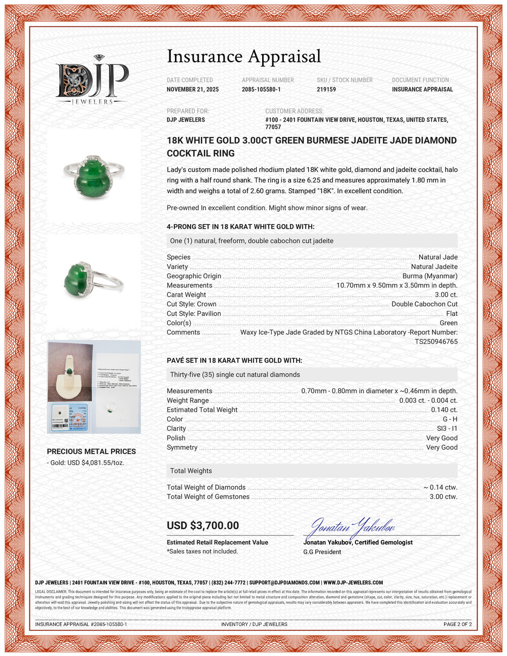 18K White Gold 3.00ct Green Burmese Jadeite Jade Diamond Cocktail Ring