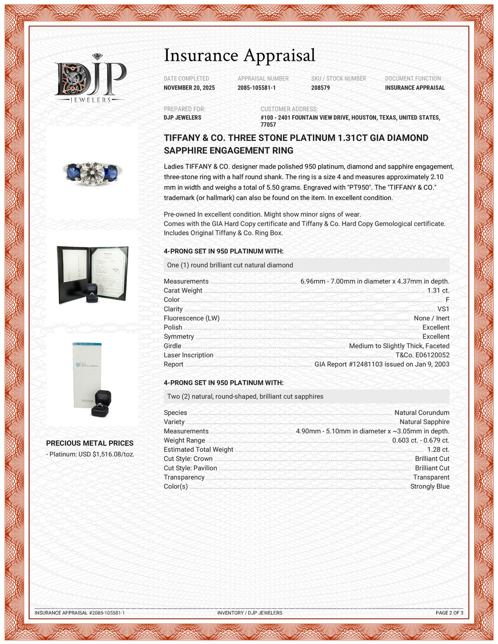 Tiffany & Co. Three Stone Platinum 1.31ct GIA Diamond Sapphire Engagement Ring