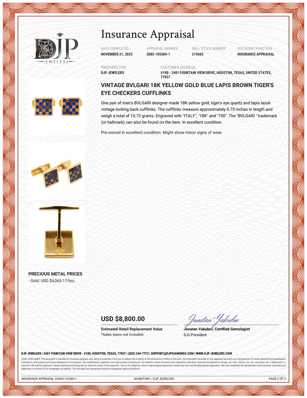 Men's Vintage Bvlgari 18K Gold Blue Lapis Brown Tiger’s Eye Checkers Cufflinks