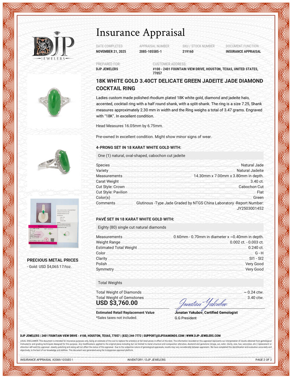18K White Gold 3.40ct Delicate Green Jadeite Jade Diamond Cocktail Ring