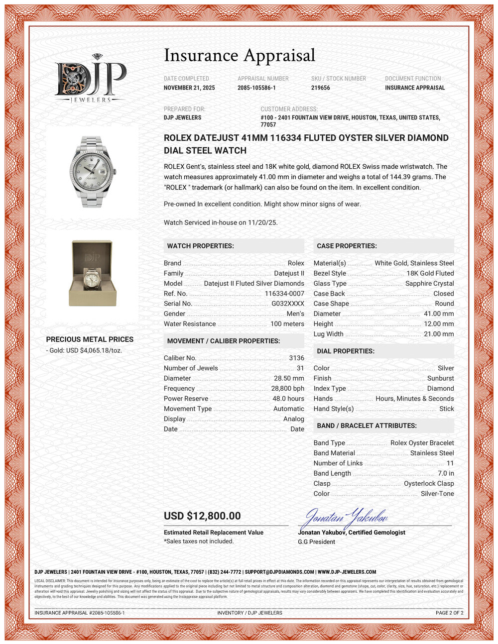 Rolex Datejust 41MM 116334 Fluted Oyster Silver Diamond Dial Steel Watch