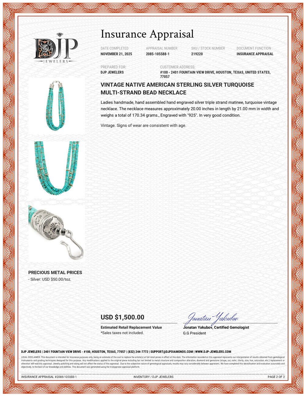 Vintage Native American Sterling Silver Turquoise Multi-Strand Bead Necklace