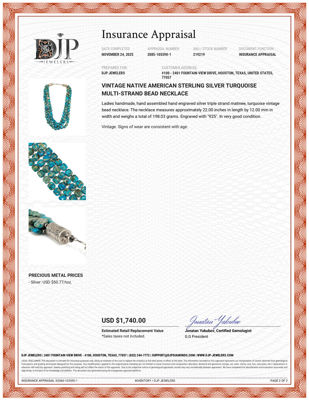 Vintage Native American Sterling Silver Turquoise Multi-Strand Bead Necklace