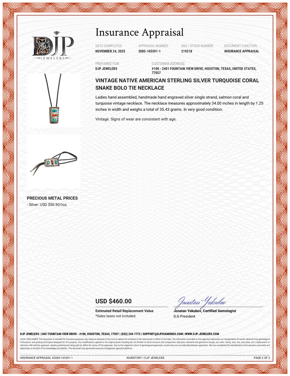 Vintage Native American Sterling Silver Turquoise Coral Snake Bolo Tie Necklace