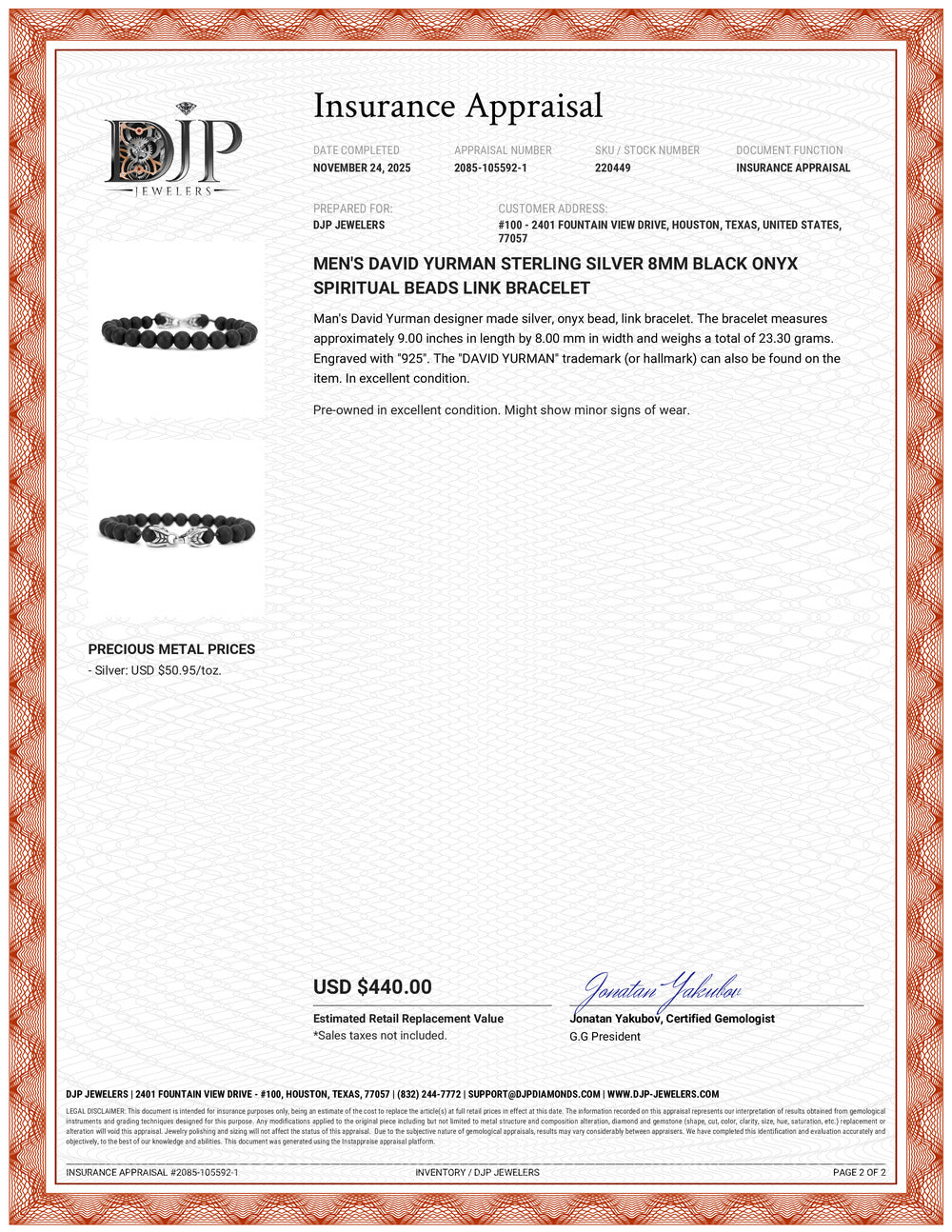 Men’s David Yurman Sterling Silver 8MM Black Onyx Spiritual Beads Link Bracelet