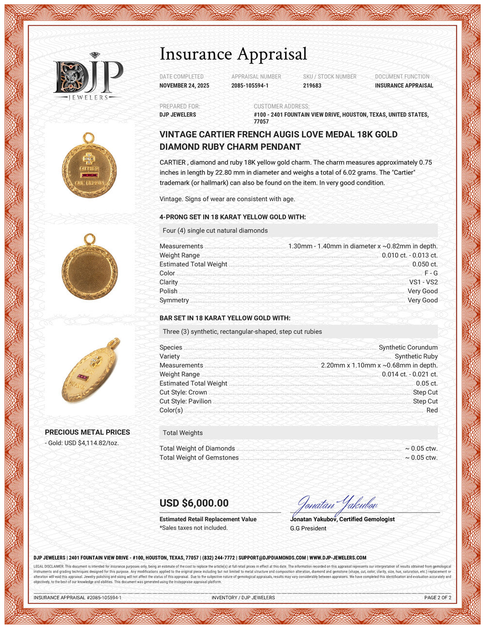 Vintage Cartier French Augis Love Medal 18K Gold Diamond Ruby Charm Pendant