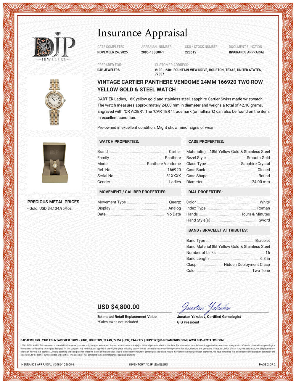 Vintage Ladies Cartier Panthere Vendome 24MM 166920 Two Row Gold & Steel Watch