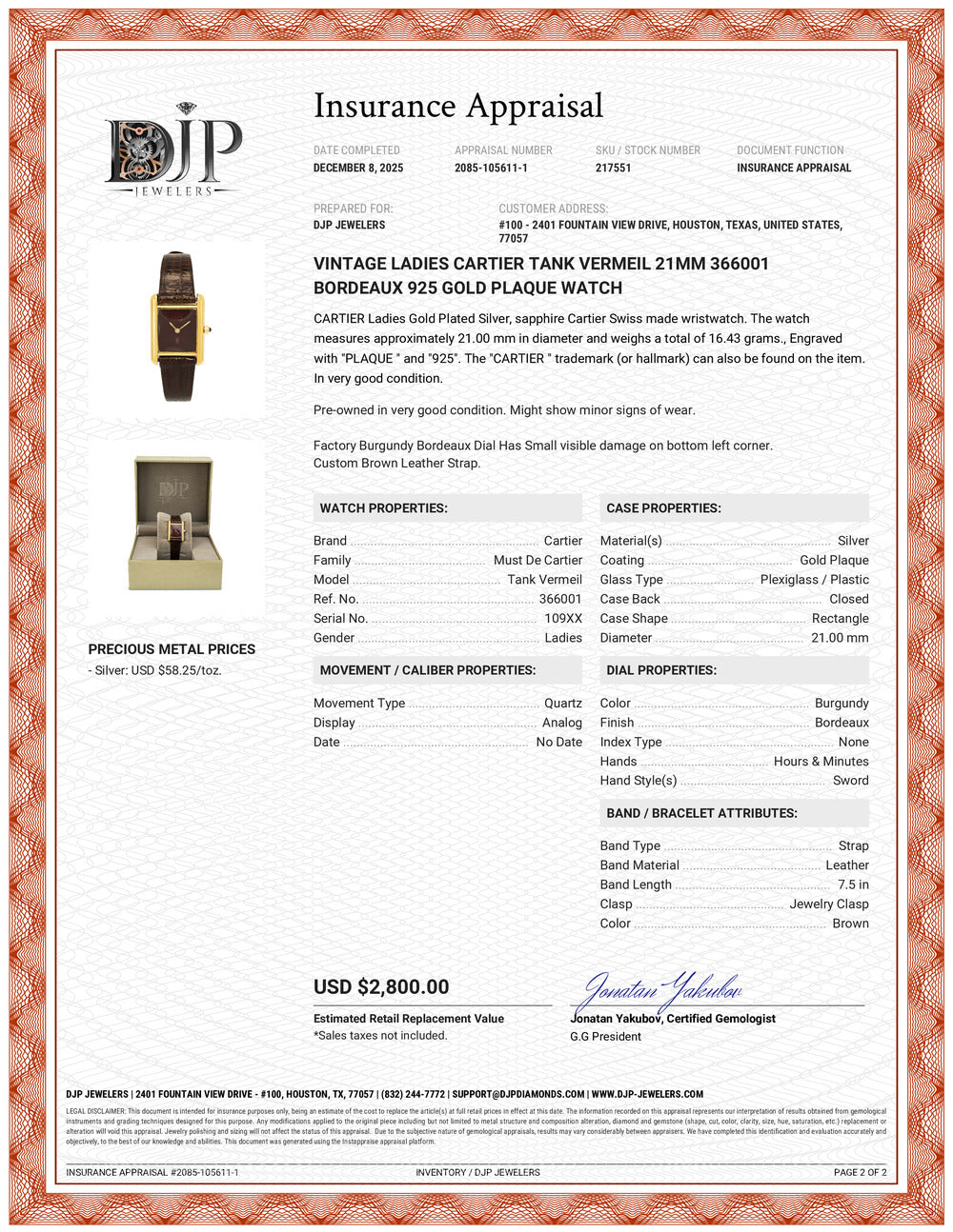 Vintage Ladies Cartier Tank Vermeil 21MM 366001 Bordeaux 925 Gold Plaque Watch