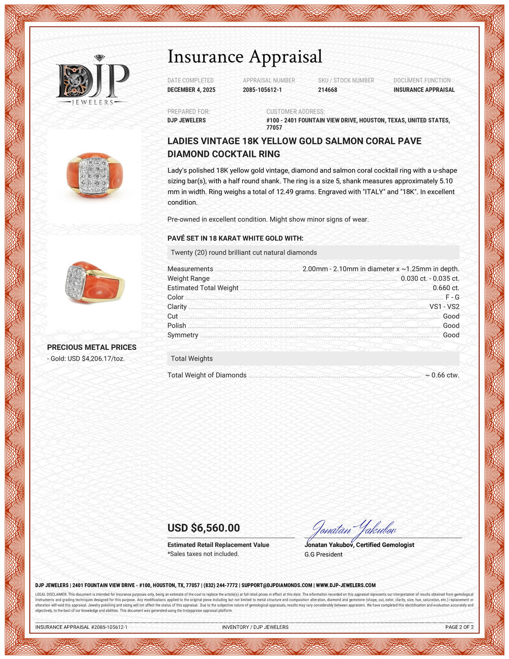 Ladies Vintage 18K Yellow Gold Salmon Coral Pave Diamond Cocktail Ring