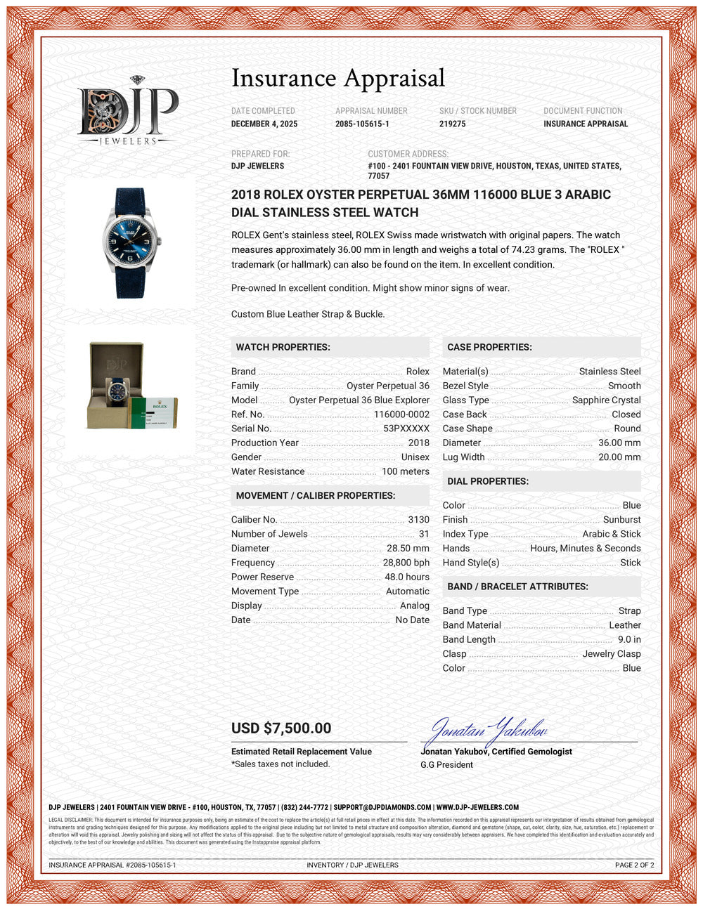 2018 Rolex Oyster Perpetual 36MM 116000 Blue 3 Arabic Dial Stainless Steel Watch