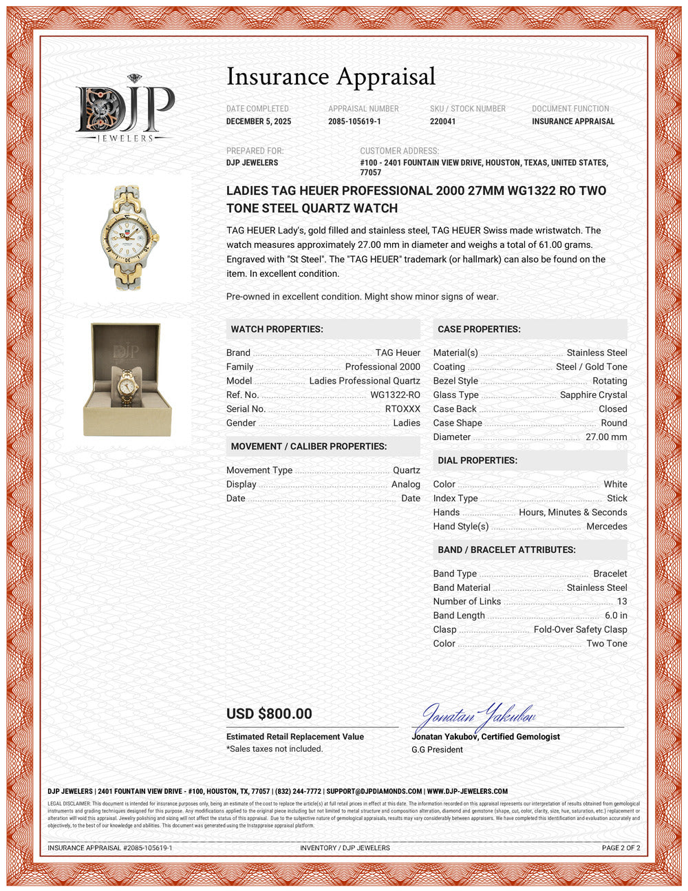 Ladies Tag Heuer Professional 2000 27MM WG1322 RO Two Tone Steel Quartz Watch