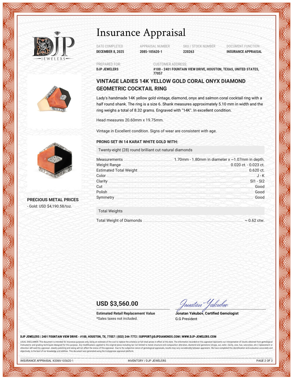 Vintage Ladies 14K Yellow Gold Coral Onyx Diamond Geometric Cocktail Ring