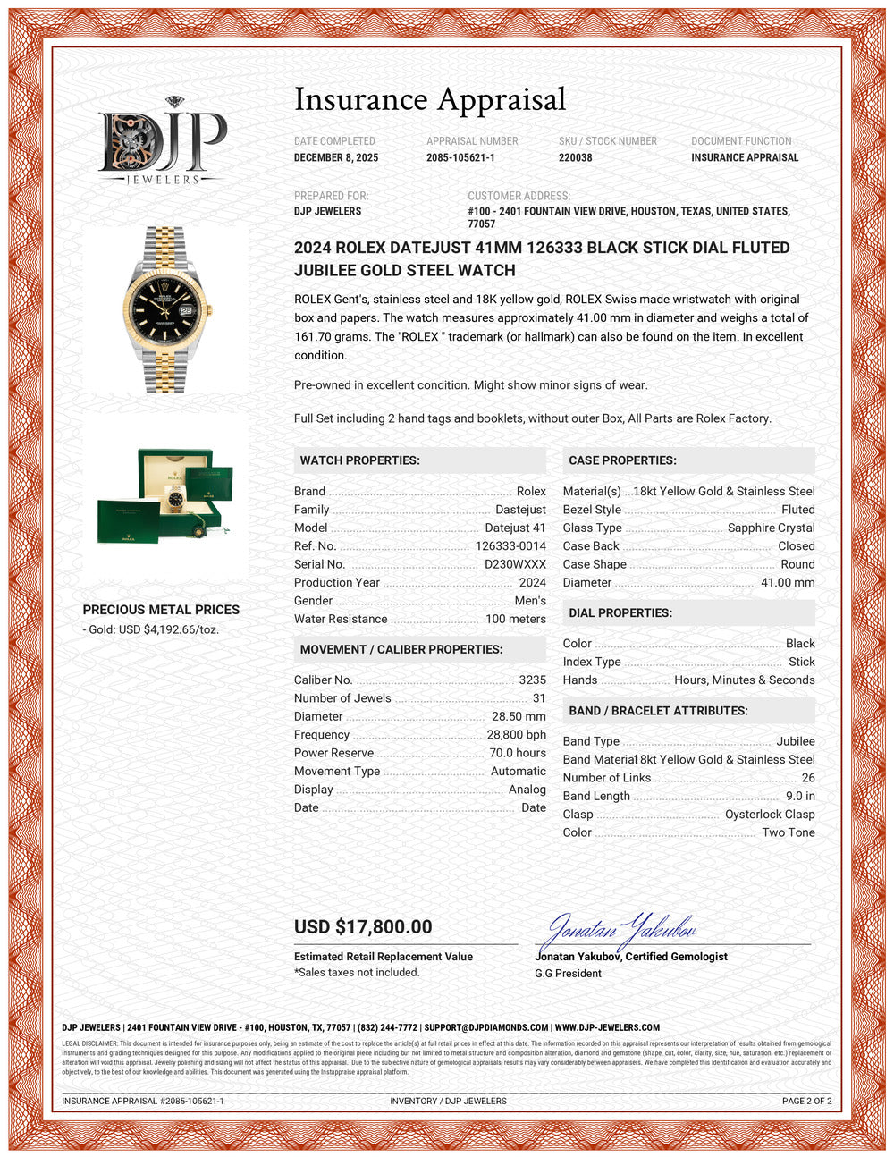 2024 Rolex Datejust 41MM 126333 Black Stick Dial Fluted Jubilee Gold Steel Watch