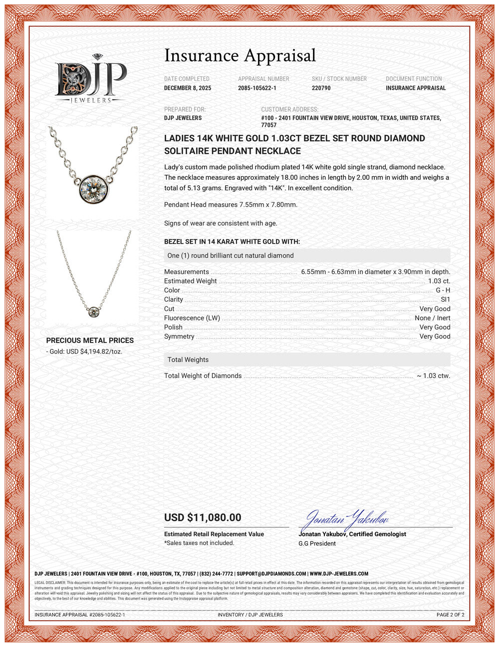 Ladies 14K White Gold 1.03ct Bezel Set Round Diamond Solitaire Pendant Necklace