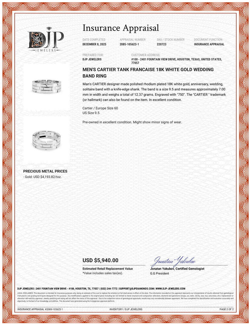 Men’s Cartier Tank Francaise 18K White Gold Wedding Band Ring