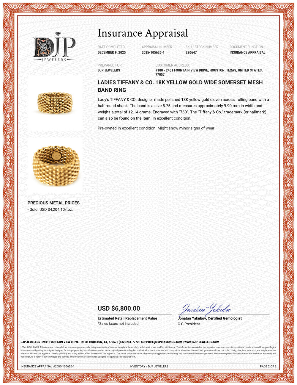 Ladies Tiffany & Co. 18K Yellow Gold Wide Somerset Mesh Band Ring