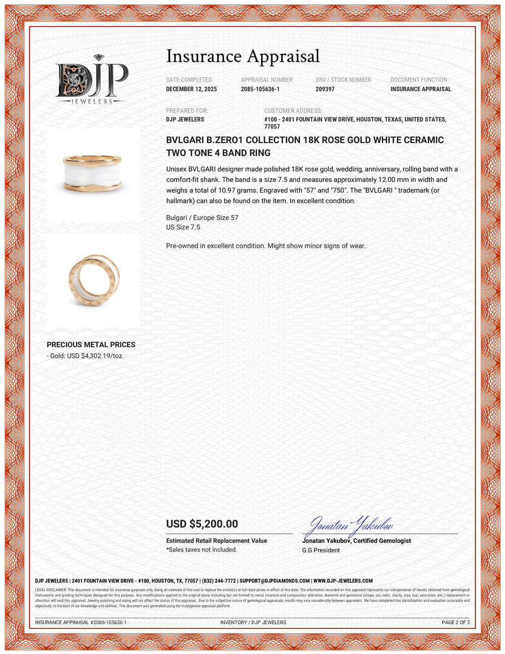 Bvlgari b.zero1 Collection 18K Rose Gold White Ceramic Two Tone 4 Band Ring