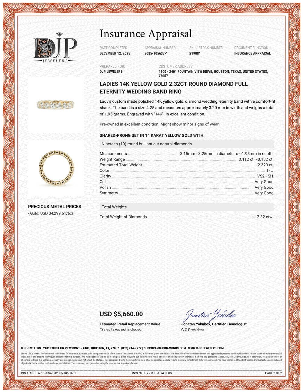 Ladies 14K Yellow Gold 2.32ct Round Diamond Full Eternity Wedding Band Ring