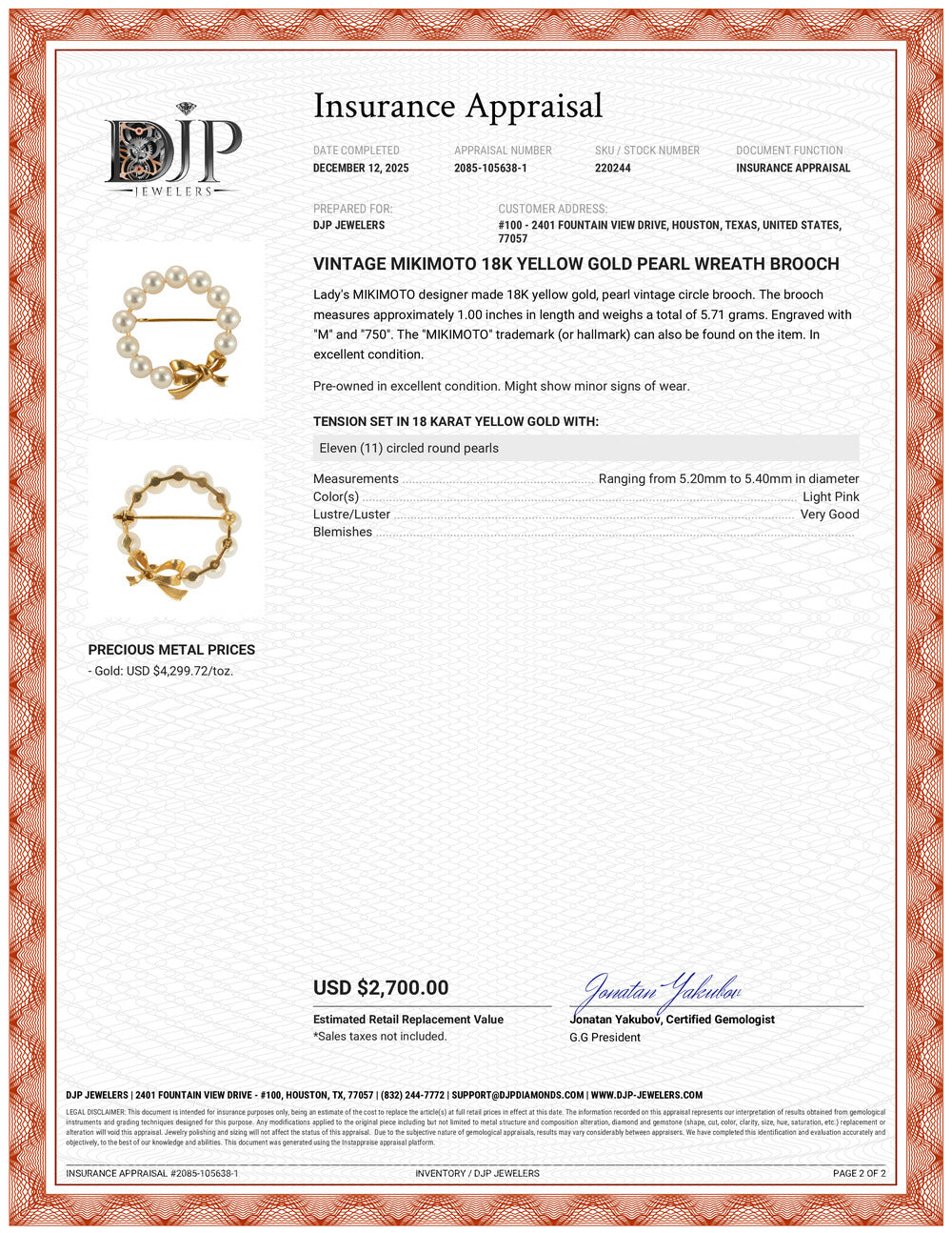 Vintage Mikimoto 18K Yellow Gold Pearl Wreath Brooch