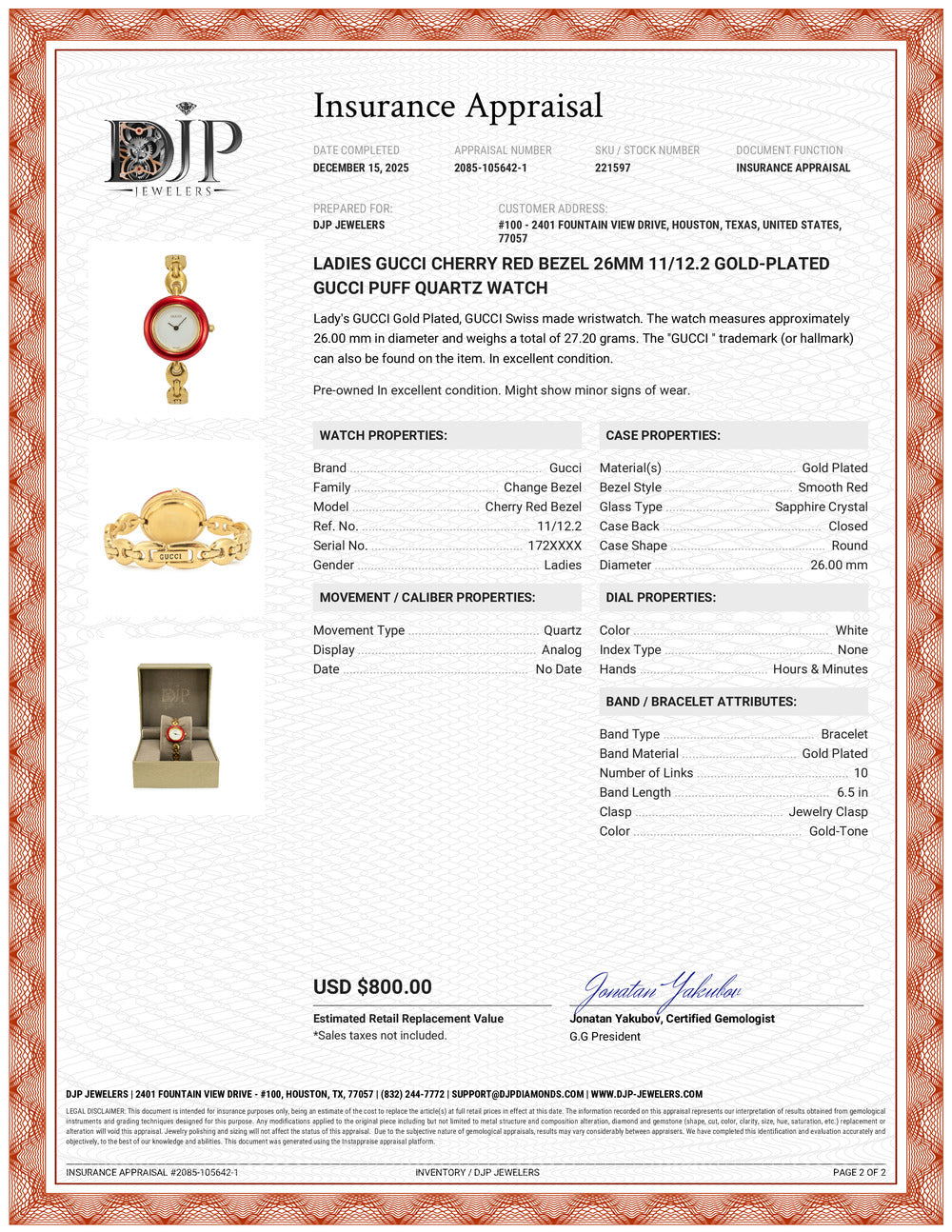 Ladies Gucci Cherry Red Bezel 26MM 11/12.2 Gold-Plated Gucci Puff Quartz Watch
