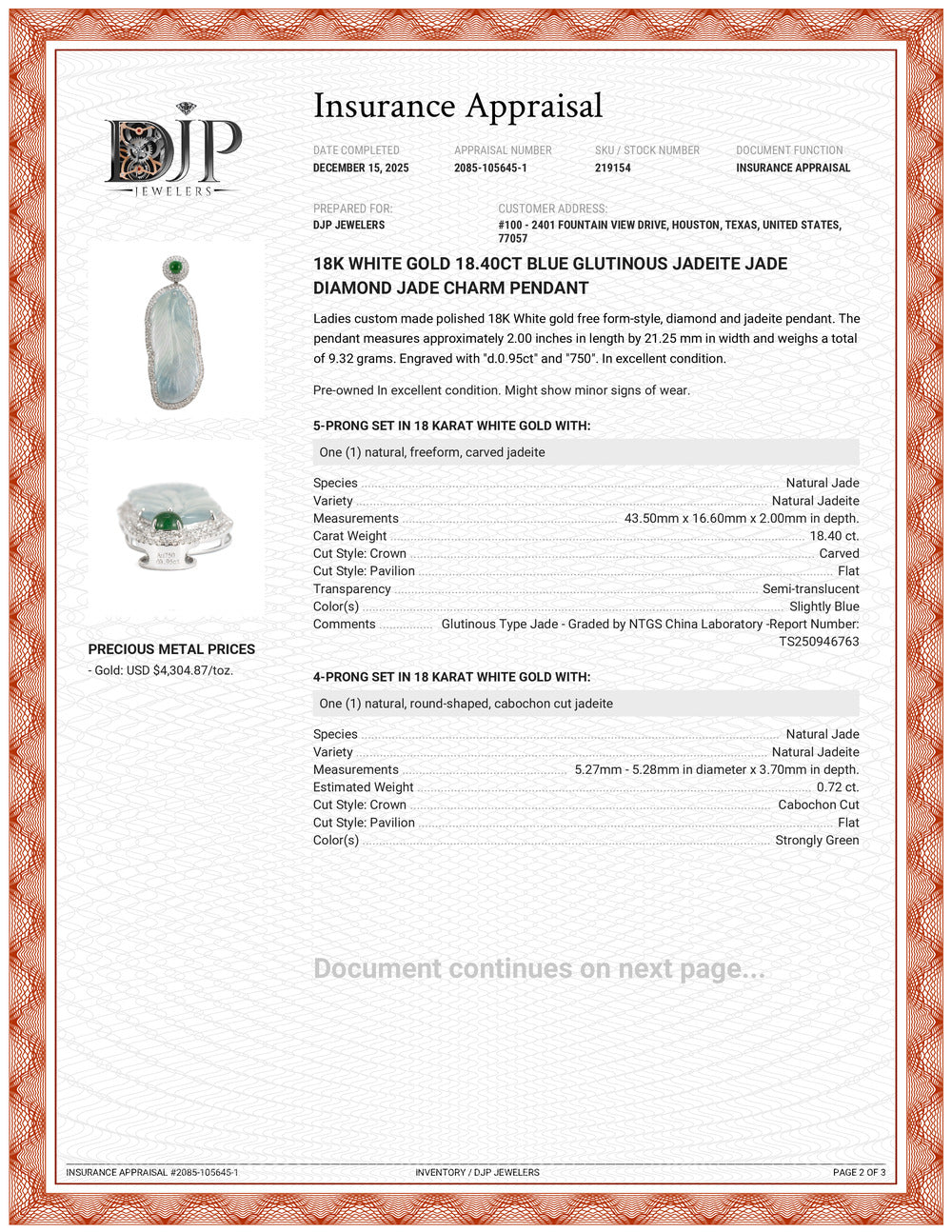 18K White Gold 18.40ct Blue Glutinous Jadeite Jade Diamond Jade Charm Pendant