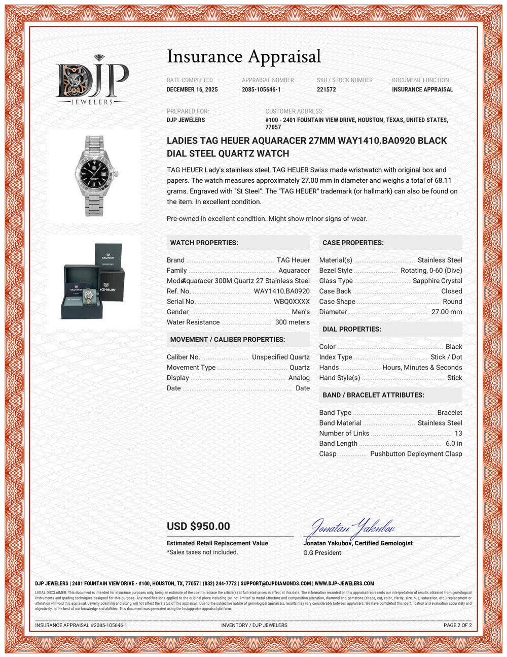 Ladies Tag Heuer Aquaracer 27MM way1410.ba0920 Black Dial Steel Quartz Watch