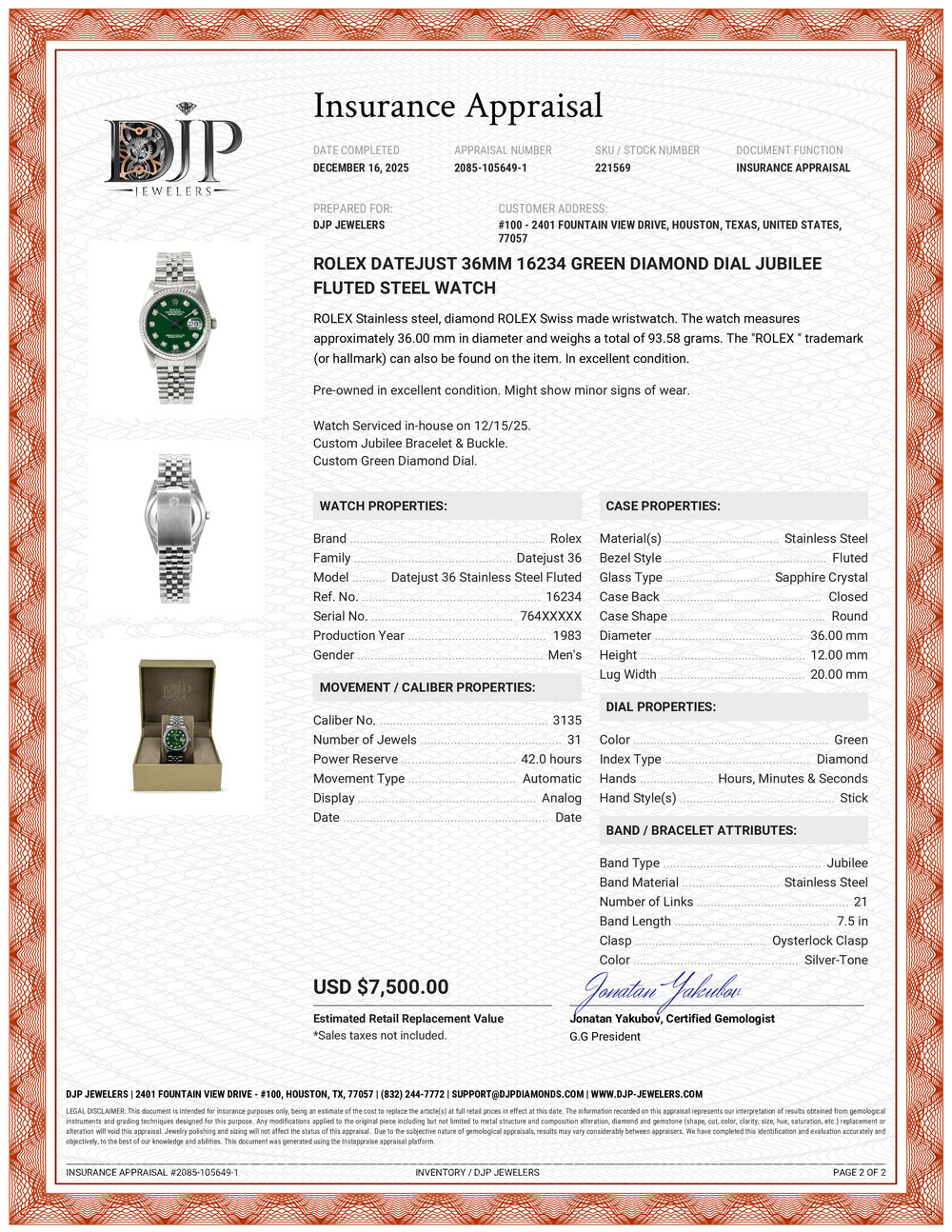 Rolex Datejust 36MM 16234 Green Diamond Dial Jubilee Fluted Steel Watch