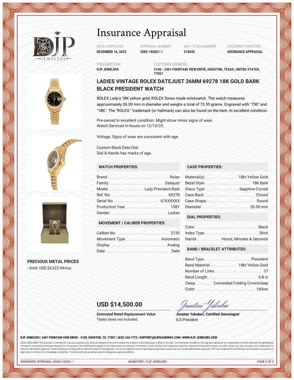 Ladies Vintage Rolex Datejust 26MM 69278 18K Gold Bark Black President Watch